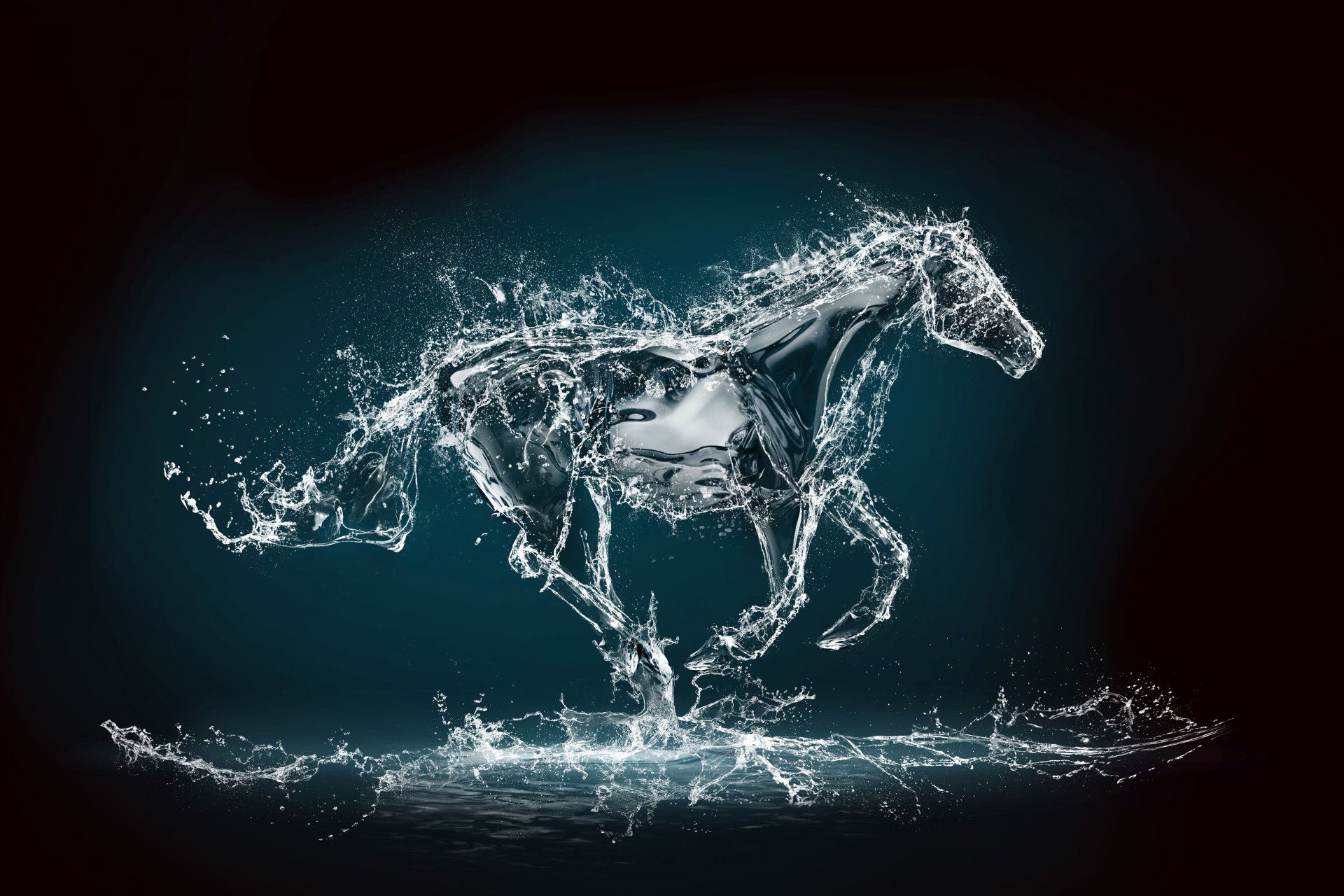 A dynamic 8K Ultra HD PC desktop wallpaper featuring a horse formed from swirling water splashes against a dark background.