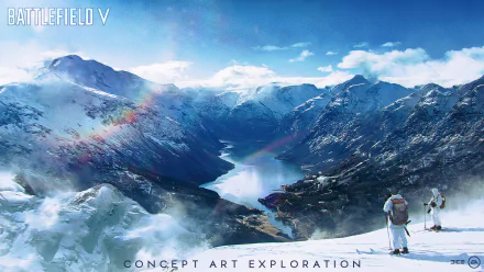HD PC desktop wallpaper featuring Battlefield V concept art with two soldiers overlooking a snowy mountain valley under a blue sky.