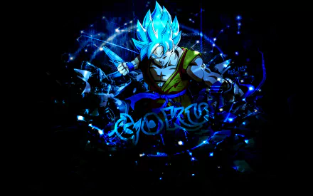 HD PC desktop anime wallpaper of Goku (Dragon Ball Super) in Super Saiyan Blue, erupting with electric blue energy and shattered light on a dark background.