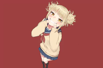 HD wallpaper featuring Himiko Toga from My Hero Academia, showcasing her playful demeanor with blonde hair in pigtails and a quirky expression against a red background.