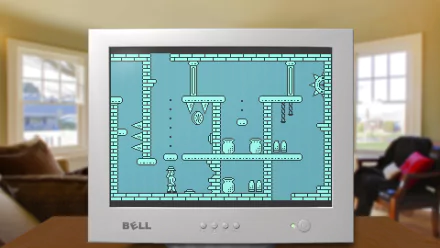 HD desktop wallpaper featuring a level from The Adventures of Elena Temple game displayed on a vintage computer monitor.