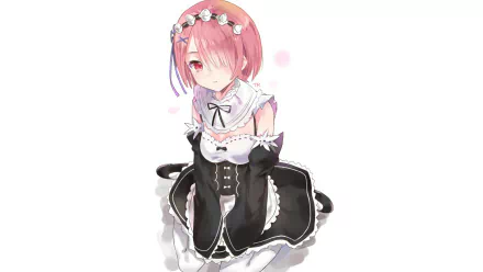 HD anime desktop wallpaper featuring Ram from Re:Zero - Starting Life in Another World, depicted in her signature maid outfit with soft pink hair and a delicate expression.