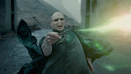 HD PC desktop wallpaper featuring Lord Voldemort casting a spell from the movie Harry Potter and the Deathly Hallows: Part 2.