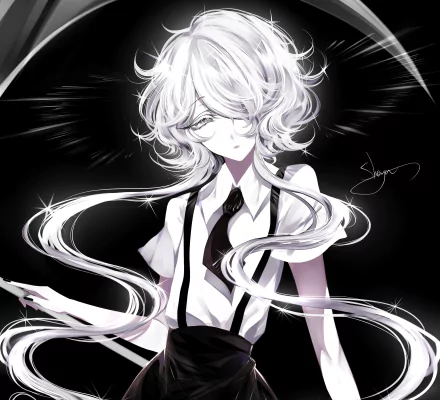 HD PC desktop wallpaper featuring Ghost Quartz from the anime Land of the Lustrous, depicted with flowing white hair and a monochrome outfit against a dark background.