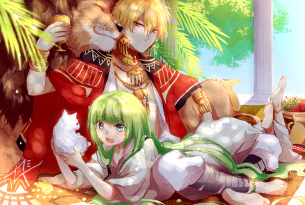 HD anime desktop wallpaper featuring Enkidu and Gilgamesh from Fate/Grand Order, with vibrant colors and detailed character art in a lush, sunny setting.