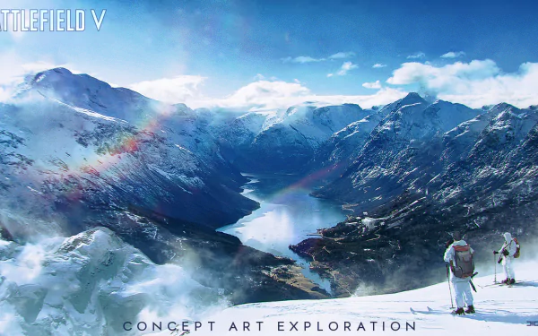 HD PC desktop wallpaper featuring Battlefield V concept art with two soldiers overlooking a snowy mountain valley under a blue sky.
