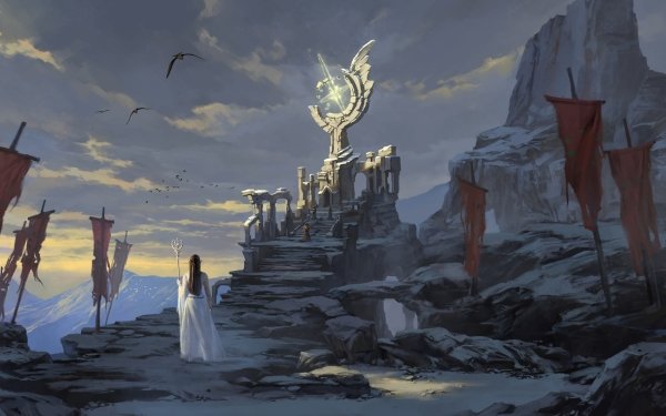 Fantasy Sorceress Banner Ruin White Dress HD Wallpaper | Background Image