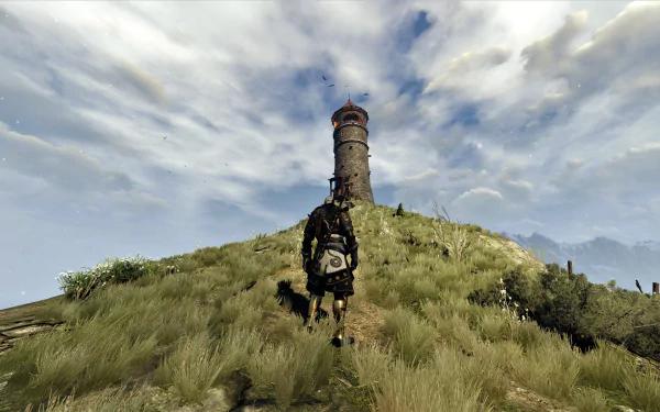 Geralt of Rivia on horseback ascending a grassy hill toward a lighthouse under dramatic clouds — 8K Ultra HD PC wallpaper from The Witcher 3: Wild Hunt.