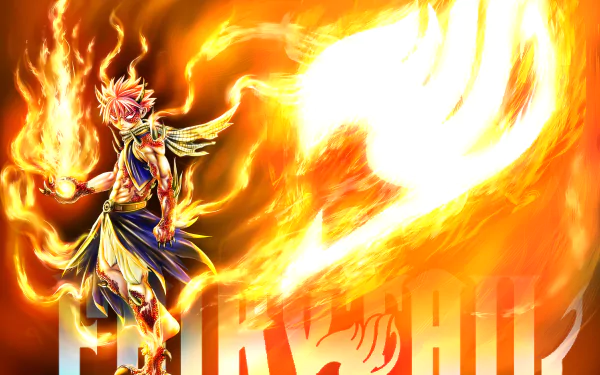 Natsu Dragneel stands confidently, engulfed in flames, showcasing his power from the anime Fairy Tail Movie 2: Dragon Cry. An eye-catching 8K Ultra HD wallpaper.