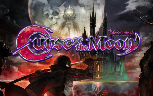 HD desktop wallpaper for Bloodstained: Curse of the Moon, featuring gothic castle, moon, and game title.