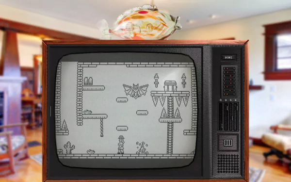 HD desktop wallpaper of The Adventures of Elena Temple game displayed on a retro TV in a cozy room.