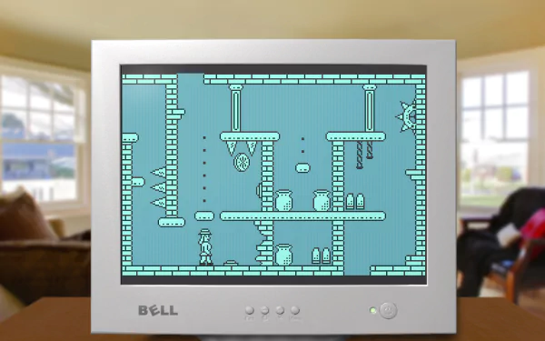 HD desktop wallpaper featuring a level from The Adventures of Elena Temple game displayed on a vintage computer monitor.
