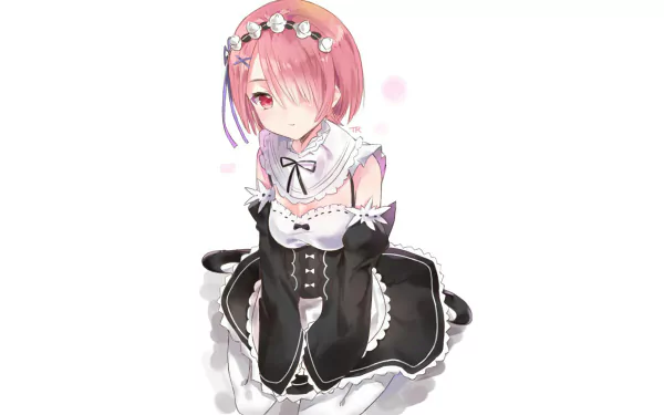 HD anime desktop wallpaper featuring Ram from Re:Zero - Starting Life in Another World, depicted in her signature maid outfit with soft pink hair and a delicate expression.