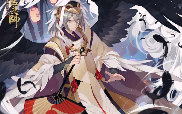 Ootengu (Onmyouji) anime onmyoji: white-haired winged onmyoji in flowing ceremonial robes, holding a fan amid swirling feathers — HD PC desktop wallpaper/background.