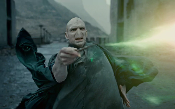 HD PC desktop wallpaper featuring Lord Voldemort casting a spell from the movie Harry Potter and the Deathly Hallows: Part 2.
