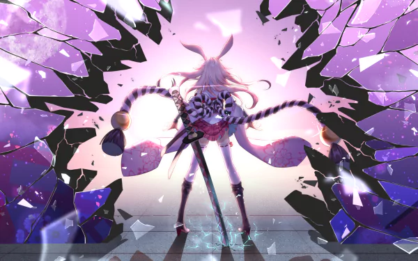 HD PC desktop wallpaper featuring Yae Sakura from the anime Benghuai Xueyuan, surrounded by vibrant purple sakura petals and dynamic shattered glass effects.