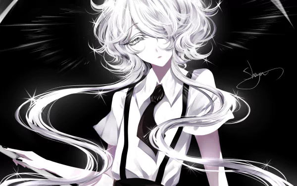 HD PC desktop wallpaper featuring Ghost Quartz from the anime Land of the Lustrous, depicted with flowing white hair and a monochrome outfit against a dark background.