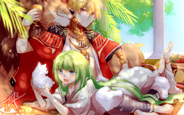 HD anime desktop wallpaper featuring Enkidu and Gilgamesh from Fate/Grand Order, with vibrant colors and detailed character art in a lush, sunny setting.
