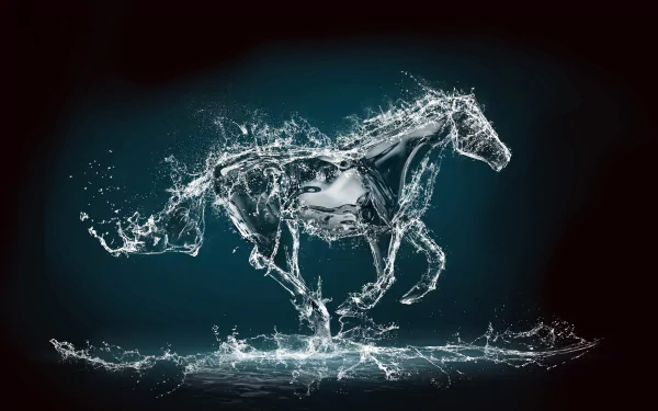 A dynamic 8K Ultra HD PC desktop wallpaper featuring a horse formed from swirling water splashes against a dark background.