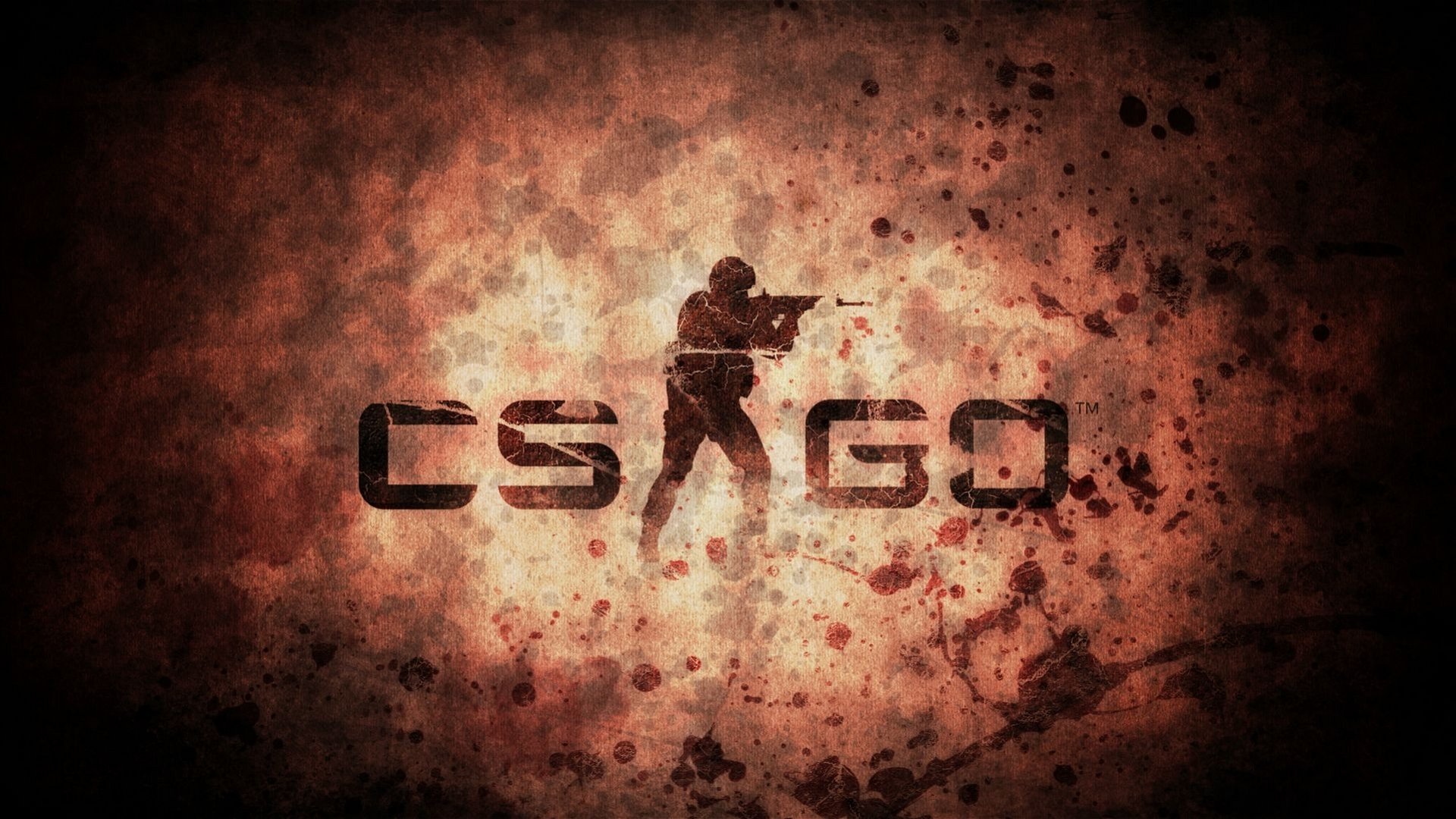 Grungy red-brown CS:GO (Counter-Strike: Global Offensive) HD PC desktop wallpaper and background featuring a silhouetted counter-terrorist aiming a rifle over the game logo.