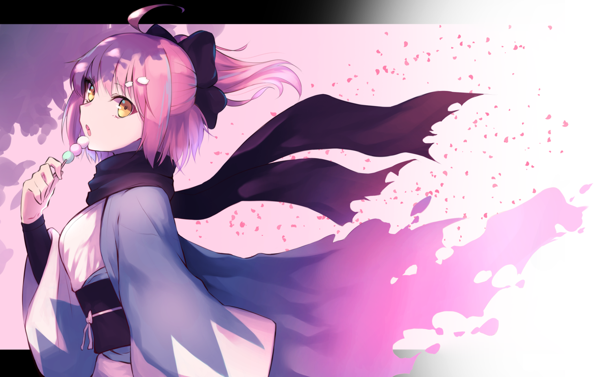 HD PC desktop wallpaper featuring Sakura Saber from Fate/Grand Order in an anime style, surrounded by falling cherry blossoms and a flowing scarf.