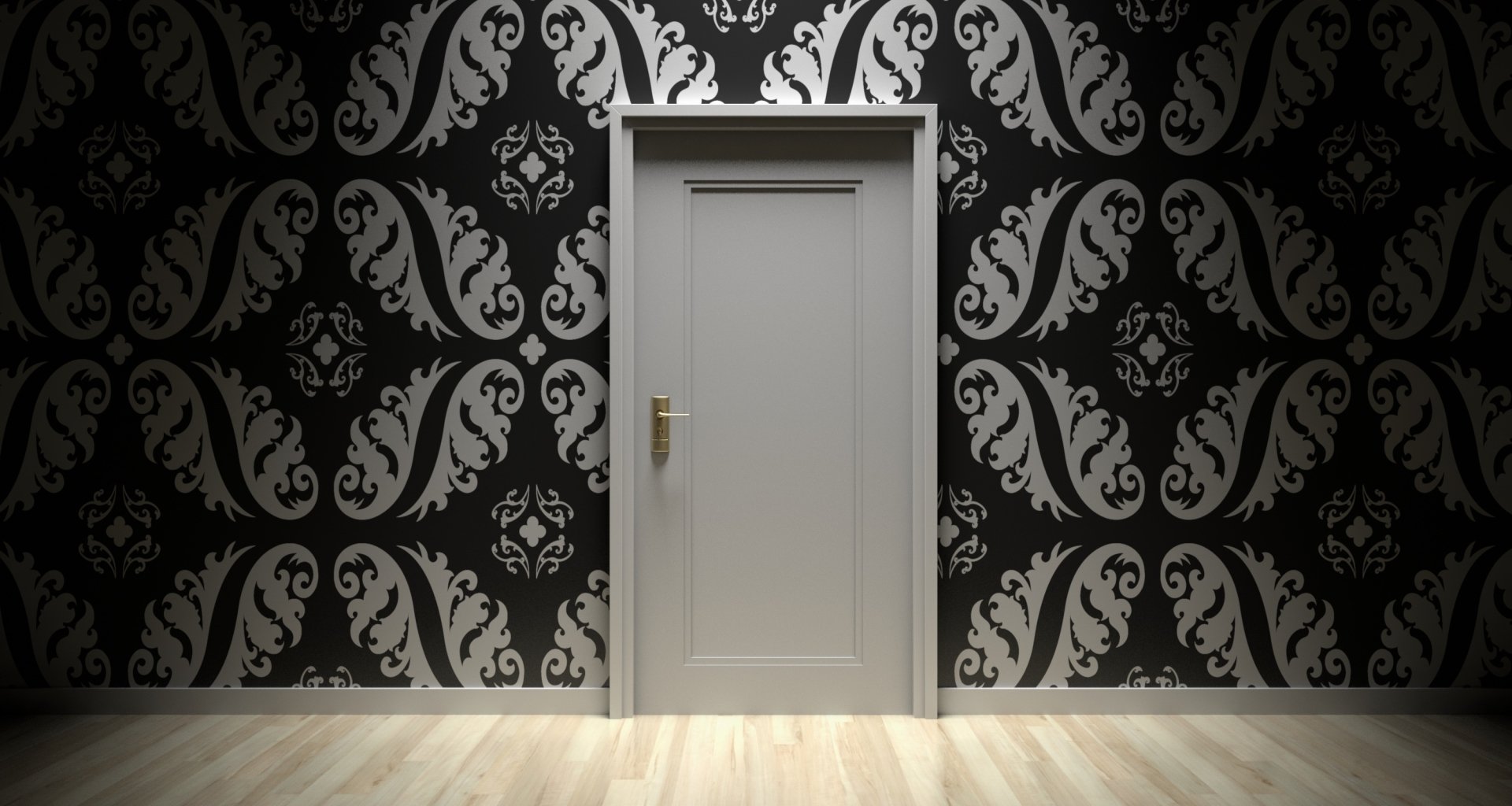 Artistic 2K Quad HD PC desktop wallpaper and background: a closed white paneled door with brass handle set against ornate black-and-gray damask wallpaper above a light wooden floor.