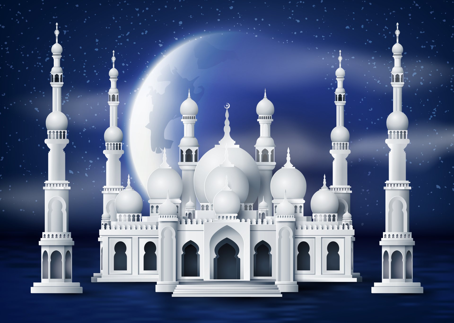 4K Ultra HD desktop wallpaper featuring a white mosque silhouette against a night sky with stars and a large crescent moon, symbolizing Ramadan and religious reverence.