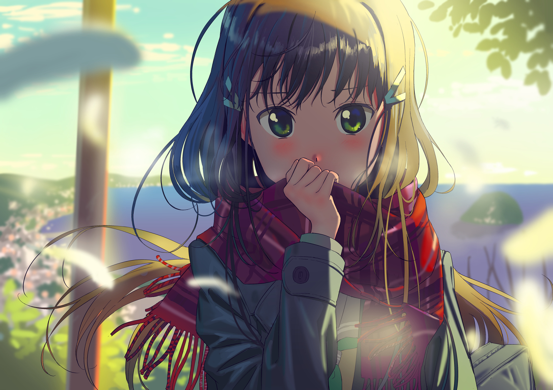 HD anime desktop wallpaper of Dia Kurosawa from Love Live! Sunshine!!, featuring her with long dark hair and green eyes, set against a softly lit outdoor background.