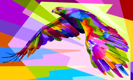 A vibrant, colorful geometric design featuring an eagle in flight, set against a bright, multi-colored background. This HD desktop wallpaper showcases the beauty of geometry and color in an animal-inspired theme.