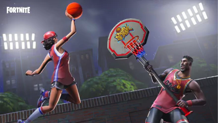 HD wallpaper of Fortnite Battle Royale featuring characters playing basketball at night, with one character dunking a basketball and another holding a unique backboard.
