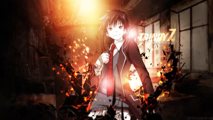 HD desktop wallpaper featuring Arata Kasuga from the anime Trinity Seven. He stands confidently with a glowing background and flames, creating a dynamic and intense scene.