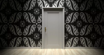 Artistic 2K Quad HD PC desktop wallpaper and background: a closed white paneled door with brass handle set against ornate black-and-gray damask wallpaper above a light wooden floor.