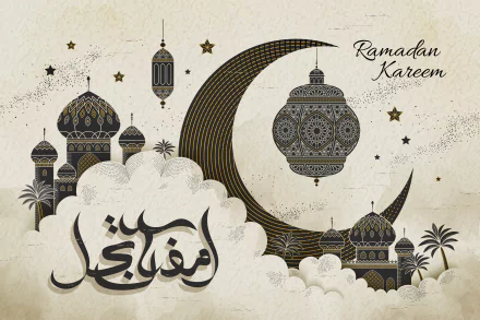4K Ultra HD PC desktop wallpaper: Ramadan religious scene with ornate crescent moon, hanging lanterns, mosque silhouettes and Arabic Ramadan Kareem calligraphy on a textured beige background.