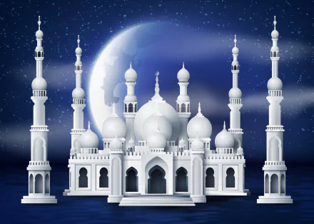 4K Ultra HD desktop wallpaper featuring a white mosque silhouette against a night sky with stars and a large crescent moon, symbolizing Ramadan and religious reverence.