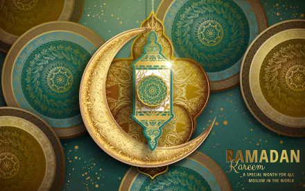 4K Ultra HD PC desktop wallpaper background: ornate golden crescent moon and hanging lantern over teal and gold medallions, decorative Ramadan Kareem calligraphy — religious Ramadan theme.