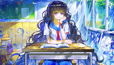 pencil book blue eyes black hair long hair Anime Original HD Desktop Wallpaper | Background Image