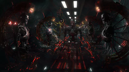 HD PC desktop wallpaper featuring Terminator endoskeletons in a dark, futuristic corridor, inspired by the movie The Terminator.