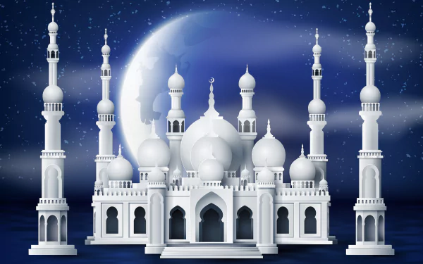 4K Ultra HD desktop wallpaper featuring a white mosque silhouette against a night sky with stars and a large crescent moon, symbolizing Ramadan and religious reverence.