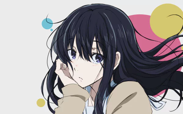 4K Ultra HD anime wallpaper featuring Naoka Ueno from A Silent Voice with flowing black hair and a contemplative expression against a minimalist colorful background.