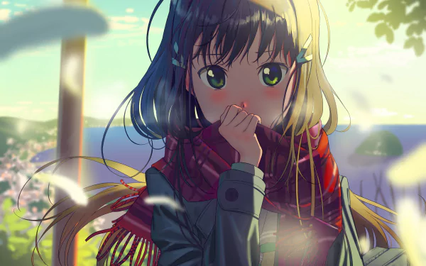 HD anime desktop wallpaper of Dia Kurosawa from Love Live! Sunshine!!, featuring her with long dark hair and green eyes, set against a softly lit outdoor background.