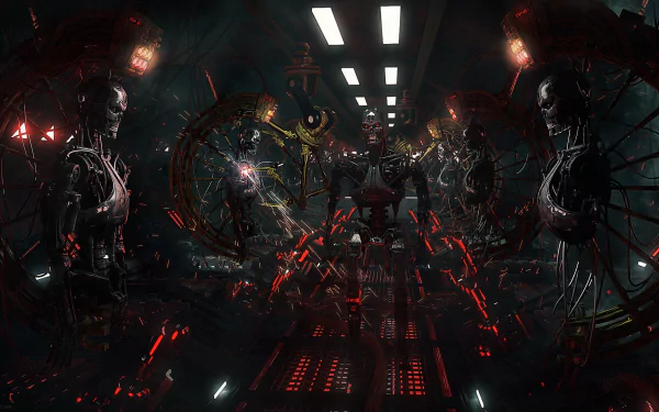 HD PC desktop wallpaper featuring Terminator endoskeletons in a dark, futuristic corridor, inspired by the movie The Terminator.
