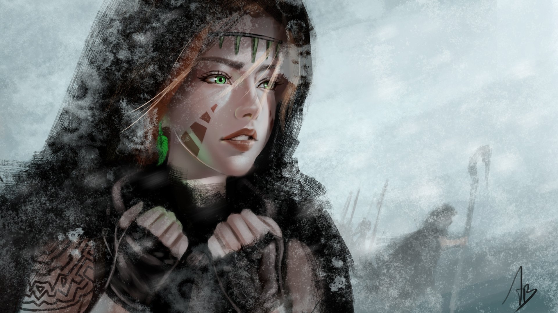 A fantasy woman with glowing green eyes and tribal markings wears a dark hood, set against a misty, atmospheric background, rendered in HD for a PC desktop wallpaper.