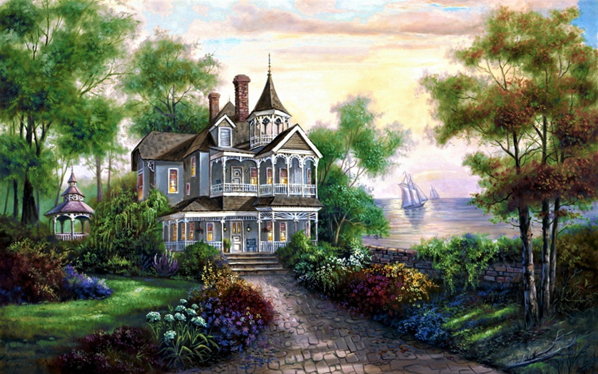 Download Sailboat Tree Flower Gazebo Mansion House Artistic Painting HD