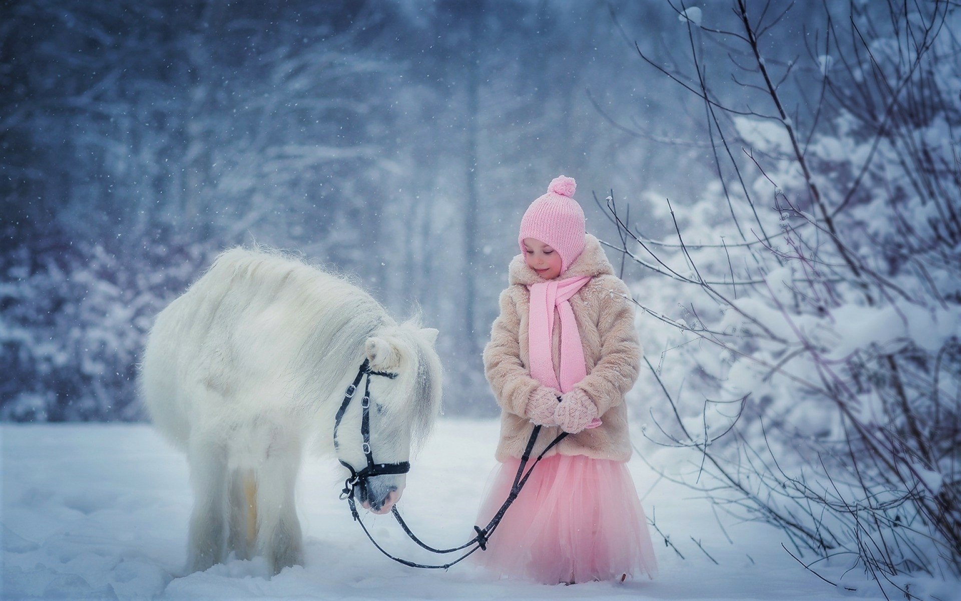 Cute little girl in a pink hat and tutu leading a white pony through a snowy winter forest — HD PC desktop wallpaper background.