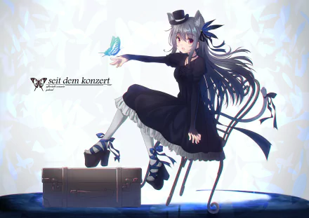 Anime original HD PC desktop wallpaper/background: gothic-lolita girl in a black dress and top hat sits on a chair beside a trunk, reaching out to a glowing blue butterfly amid soft light.