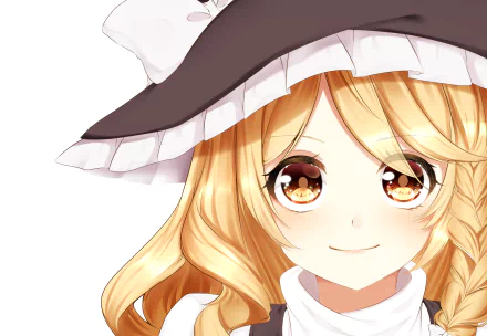 Close-up anime portrait of Marisa Kirisame (Touhou), smiling with braided blonde hair and a witch hat — 2K Quad HD PC desktop wallpaper/background.