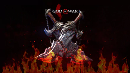 HD desktop wallpaper of the video game God of War, featuring crossed battle axes with flames in the foreground.