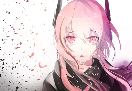 HD desktop wallpaper featuring M4 Sopmod II from the video game Girls Frontline, showcasing a close-up of the character with pink hair and red eyes against a white background with abstract shattering effects.