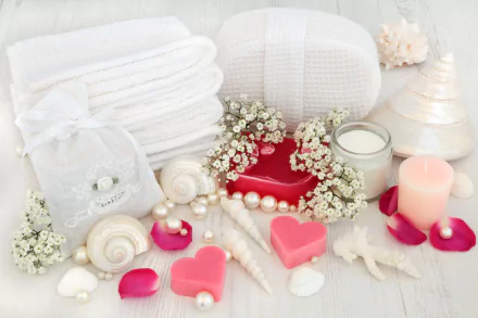 5K Ultra HD PC desktop wallpaper: spa still life of man-made bath items — white towels, sea shells, bath salt, pearl beads, heart-shaped candles and pink rose petals with delicate flowers.