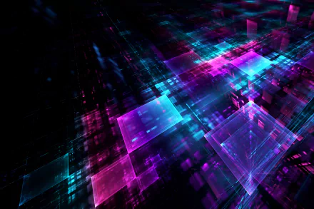 Abstract 4K Ultra HD PC desktop wallpaper featuring glowing cubes in vibrant pink and blue hues, creating a futuristic digital grid pattern.